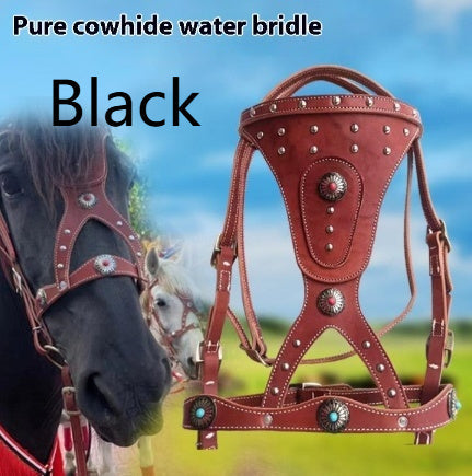 HKM-7915069 Elegant Pure Cowhide Horse Halter with Metal Buckle and Reins in Red and Black