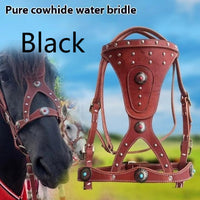 HKM-7915069 Elegant Pure Cowhide Horse Halter with Metal Buckle and Reins in Red and Black
