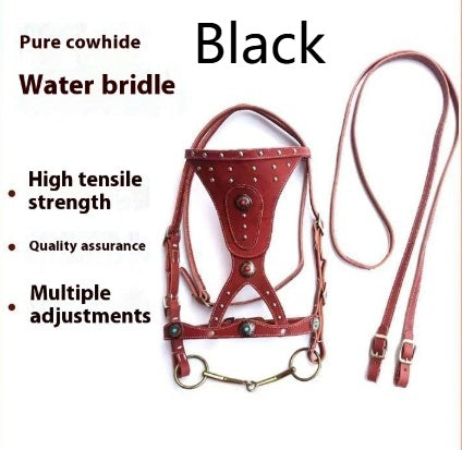 HKM-7915069 Elegant Pure Cowhide Horse Halter with Metal Buckle and Reins in Red and Black