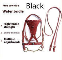 HKM-7915069 Elegant Pure Cowhide Horse Halter with Metal Buckle and Reins in Red and Black