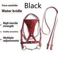 HKM-7915069 Elegant Pure Cowhide Horse Halter with Metal Buckle and Reins in Red and Black