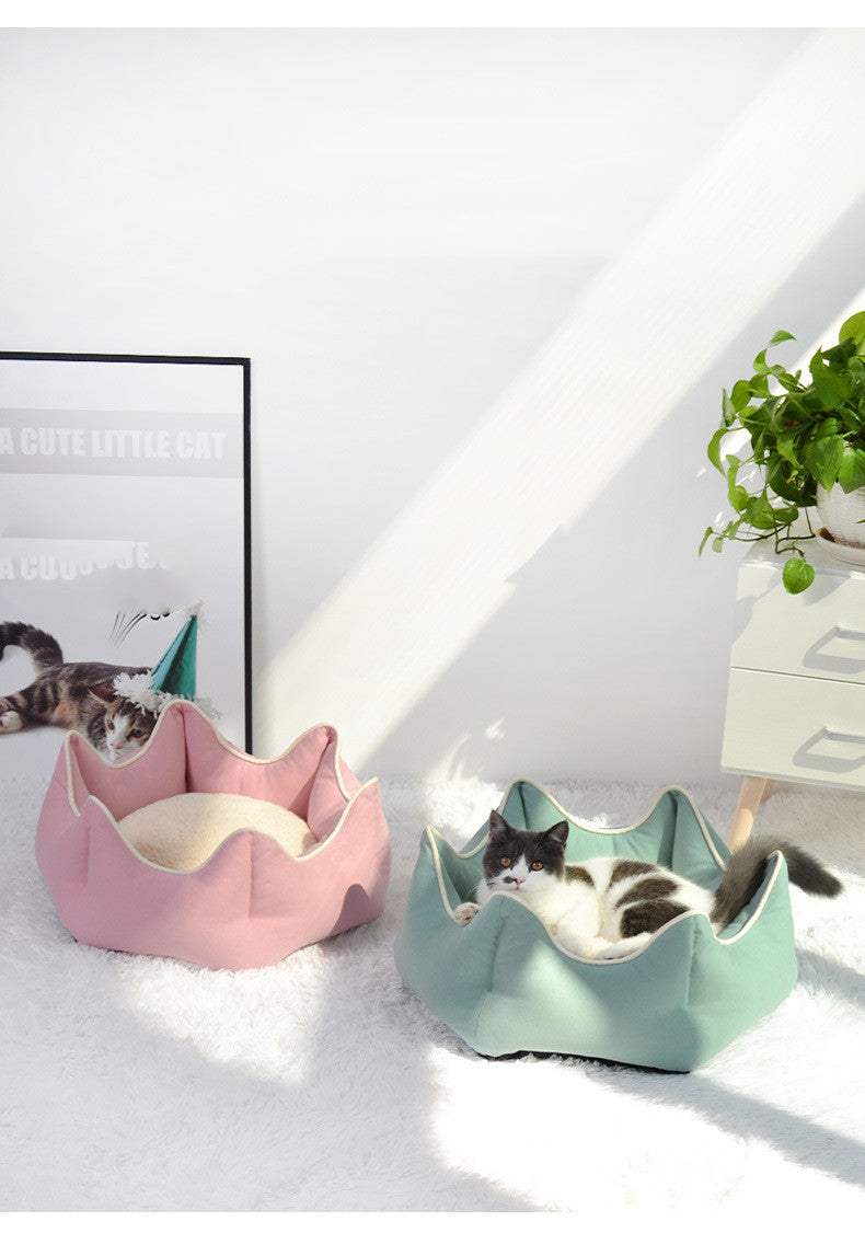 HKM-7917629 Warm Nest for Cats - Cozy Cloth Bed in Grey, Green, and Pink - Perfect for All Seasons