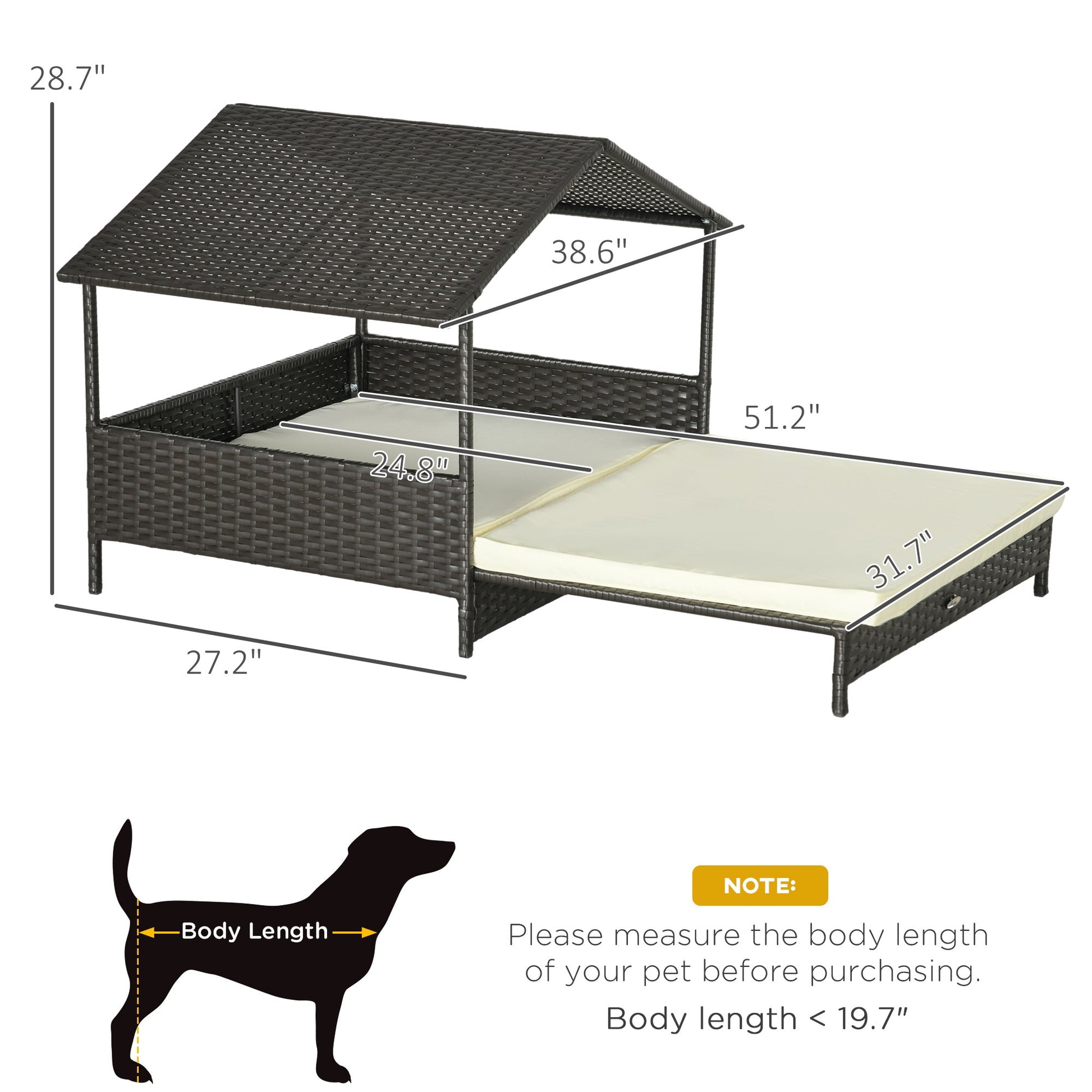 HKM-7918013 Extendable Wicker Dog Bed with Waterproof Canopy and Soft Cushion for Small to Medium Dogs