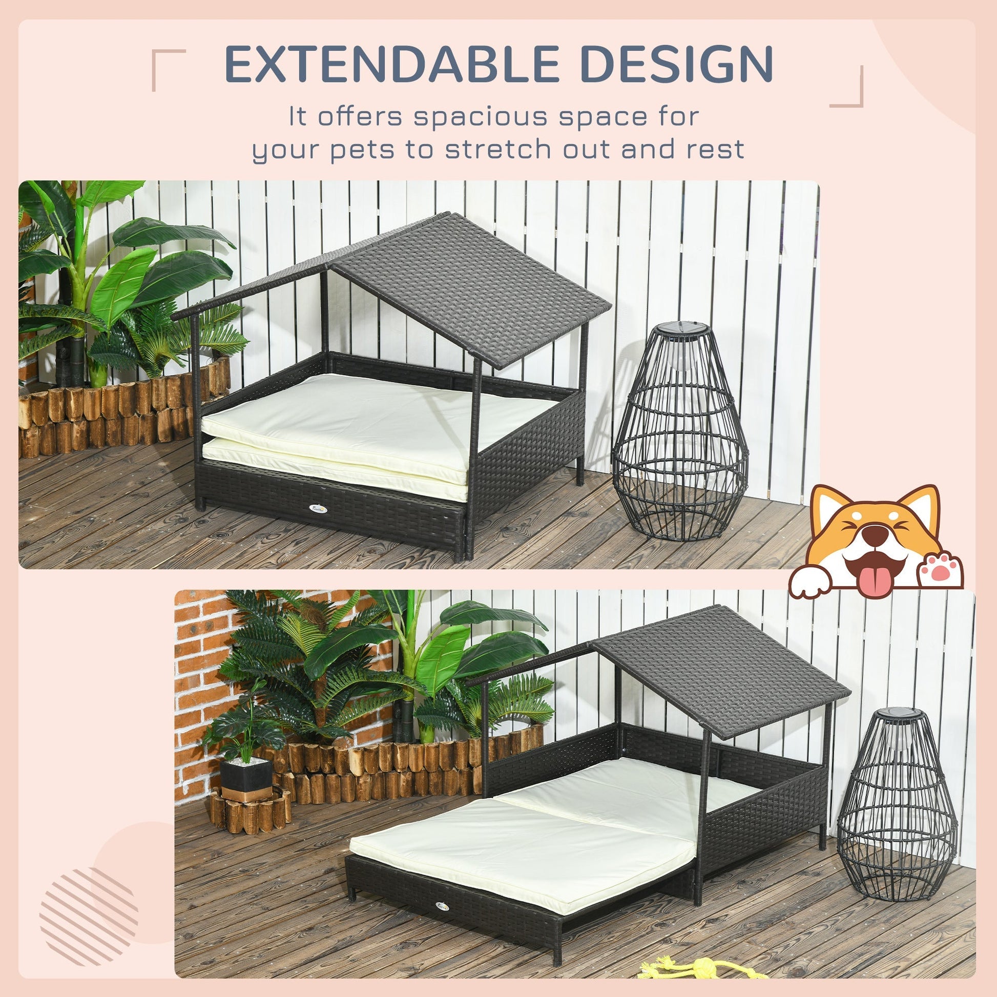 HKM-7918013 Extendable Wicker Dog Bed with Waterproof Canopy and Soft Cushion for Small to Medium Dogs