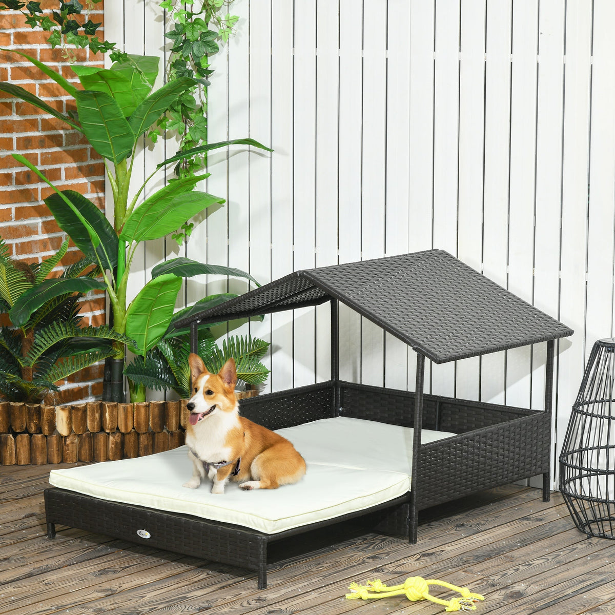 HKM-7918013 Extendable Wicker Dog Bed with Waterproof Canopy and Soft Cushion for Small to Medium Dogs