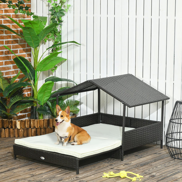 HKM-7918013 Extendable Wicker Dog Bed with Waterproof Canopy and Soft Cushion for Small to Medium Dogs
