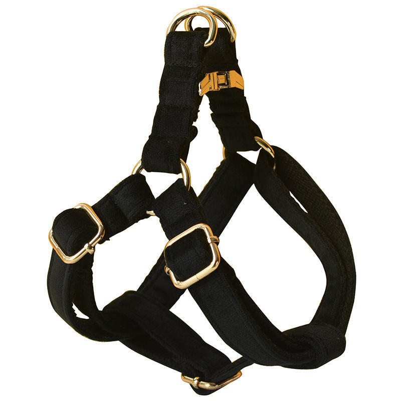 HKM-7918653 Black Flannel Dog Harness with Gold Buckle - Adjustable Chest Strap for Small to XL Pets