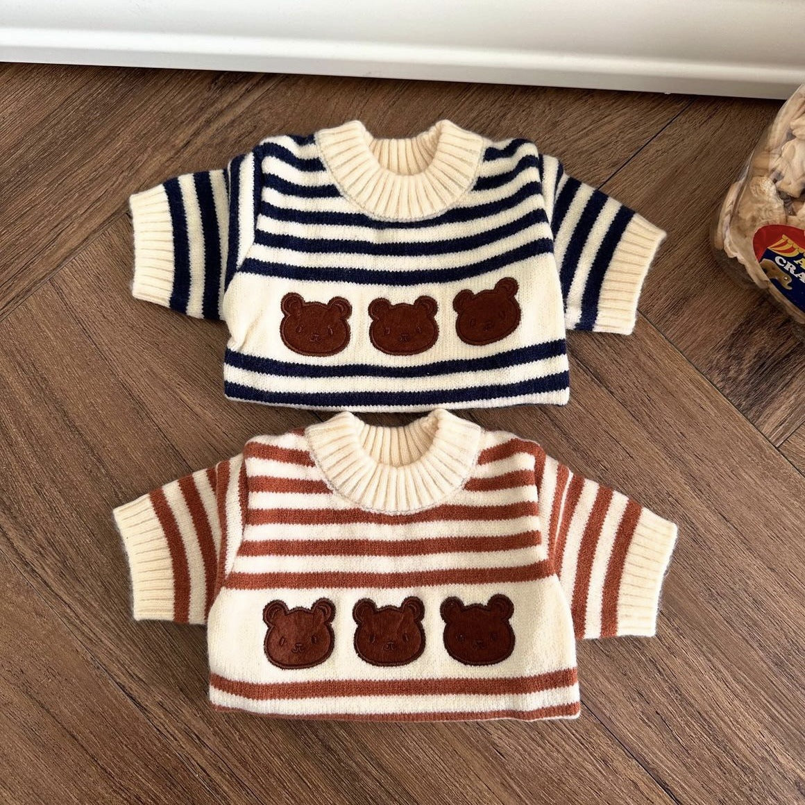 HKM-7919037 Warm Knitted Pet Sweater for Autumn and Winter in Navy Blue and Chestnut Stripes, Wool Material, Sizes S-XL