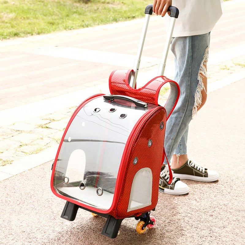 HKM-792019 Transparent Folding Pet Trolley Bag for Small Dogs and Cats, Medium Soft PU and Oxford Cloth