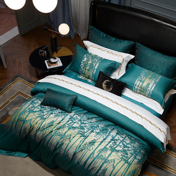 HKM-792147 Jacquard Cotton Four-Piece Bedding Set with Floral Design in Standard and Plus Sizes