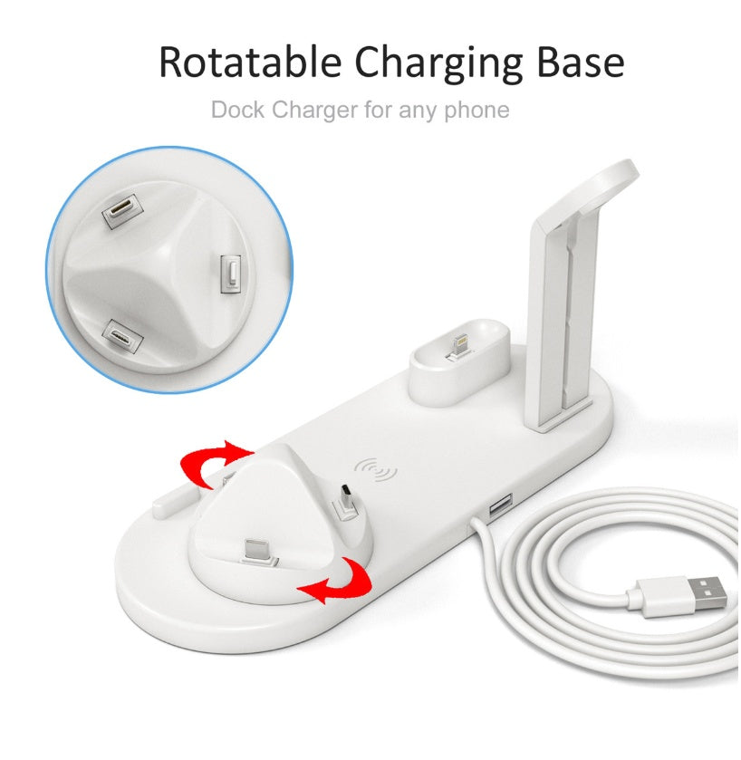 HKM-792147 Three-in-One Wireless Charging Station with 360° Rotating Cradle for Smartphones, Smartwatches, and Wireless Earbuds - Fast Charging Capability