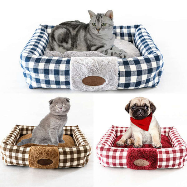 HKM-7923389 Cozy Plaid Square Cat Nest - Soft PV Velvet Interior, Available in Multiple Sizes and Colors