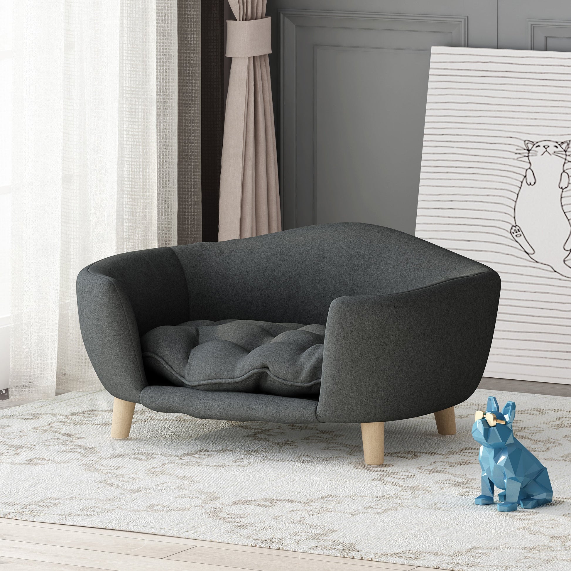 HKM-792339 Cozy Dark Gray Dog Bed with Birched Legs and Luxurious Tufted Cushions