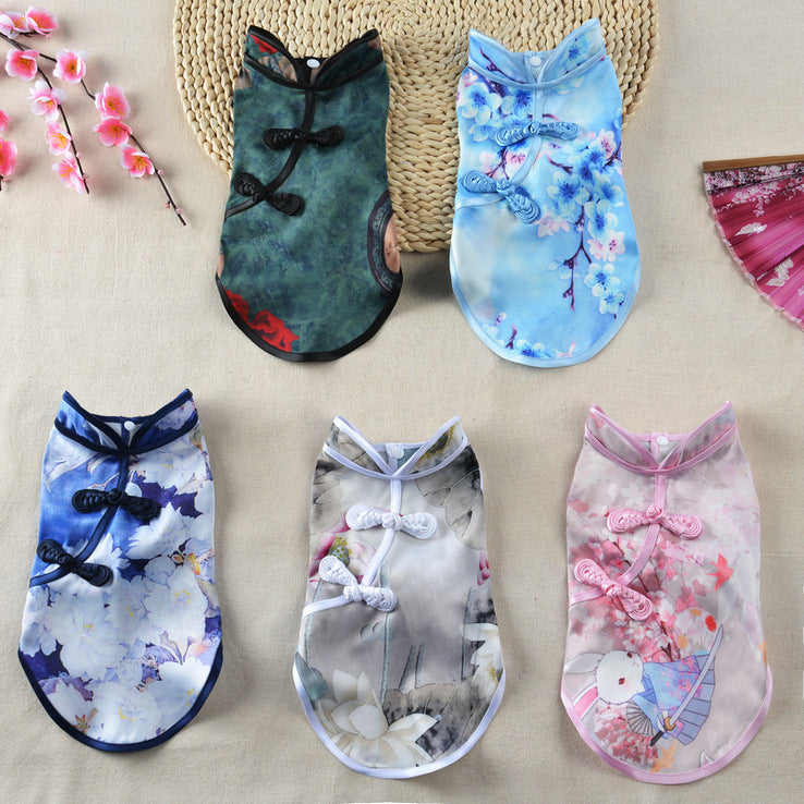 HKM-7923773 Chinese Style Summer Pet Cheongsam Skirt in Various Floral Patterns, Cotton Fabric
