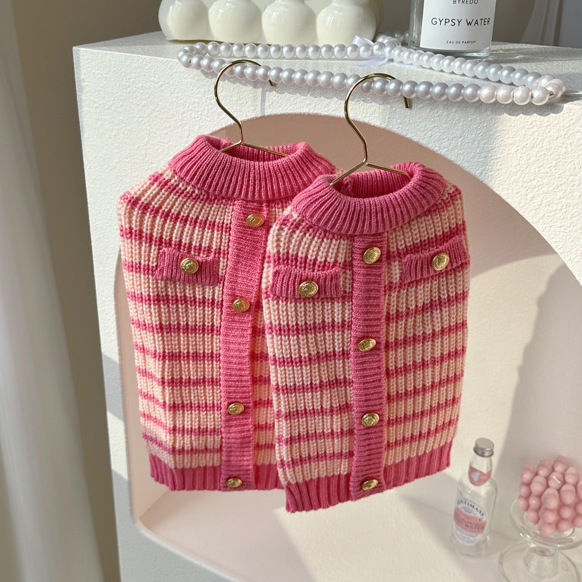 HKM-7923901 Classic Pink Striped Sweater for Pets - Casual Polyester Clothing in XS-XL Sizes