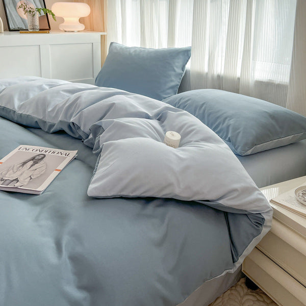 HKM-792787 Solid Color Four-Piece Bed Sheet Set with Washed Sanding Duvet Cover in Multiple Sizes