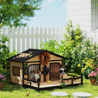 HKM-7928765 Cozy Double Room Wooden Dog House with Porch for Small to Medium Dogs