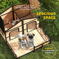 HKM-7928765 Cozy Double Room Wooden Dog House with Porch for Small to Medium Dogs