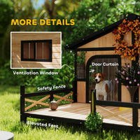 HKM-7928765 Cozy Double Room Wooden Dog House with Porch for Small to Medium Dogs