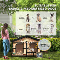 HKM-7928765 Cozy Double Room Wooden Dog House with Porch for Small to Medium Dogs