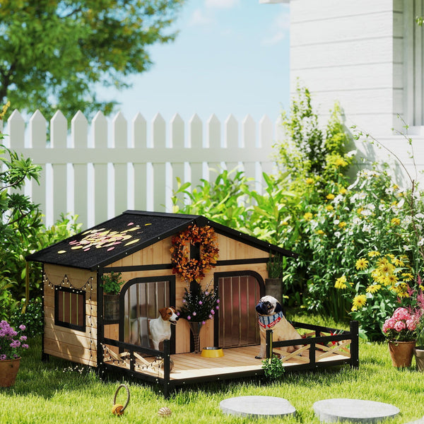 HKM-7928765 Cozy Double Room Wooden Dog House with Porch for Small to Medium Dogs