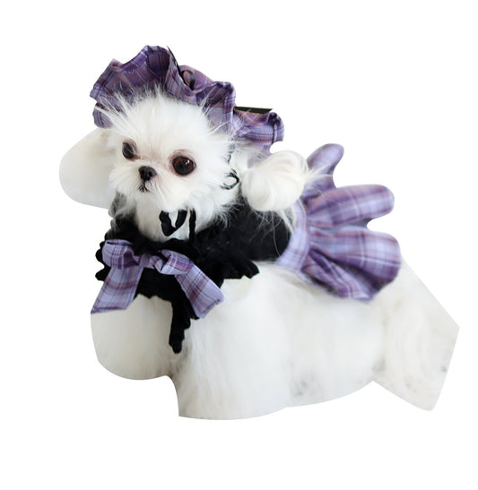 HKM-7932477 Lace Plaid Dress for Dogs and Cats with Big Bow and Pleated Design in Green and Purple