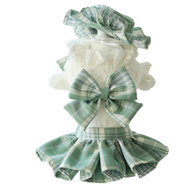 HKM-7932477 Lace Plaid Dress for Dogs and Cats with Big Bow and Pleated Design in Green and Purple