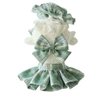HKM-7932477 Lace Plaid Dress for Dogs and Cats with Big Bow and Pleated Design in Green and Purple