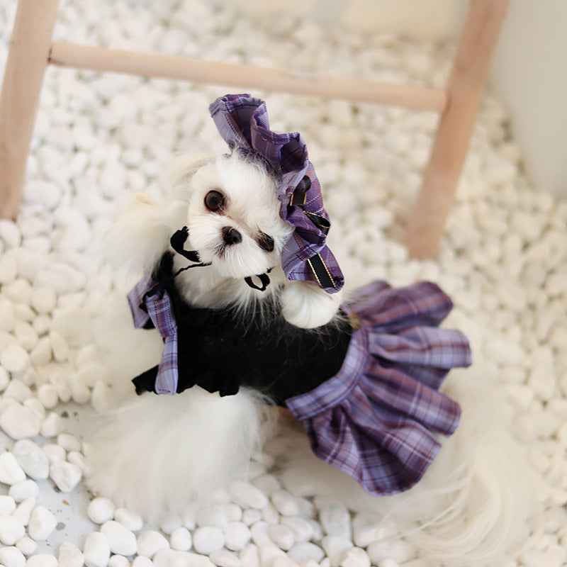 HKM-7932477 Lace Plaid Dress for Dogs and Cats with Big Bow and Pleated Design in Green and Purple