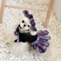 HKM-7932477 Lace Plaid Dress for Dogs and Cats with Big Bow and Pleated Design in Green and Purple