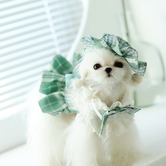 HKM-7932477 Lace Plaid Dress for Dogs and Cats with Big Bow and Pleated Design in Green and Purple