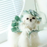 HKM-7932477 Lace Plaid Dress for Dogs and Cats with Big Bow and Pleated Design in Green and Purple