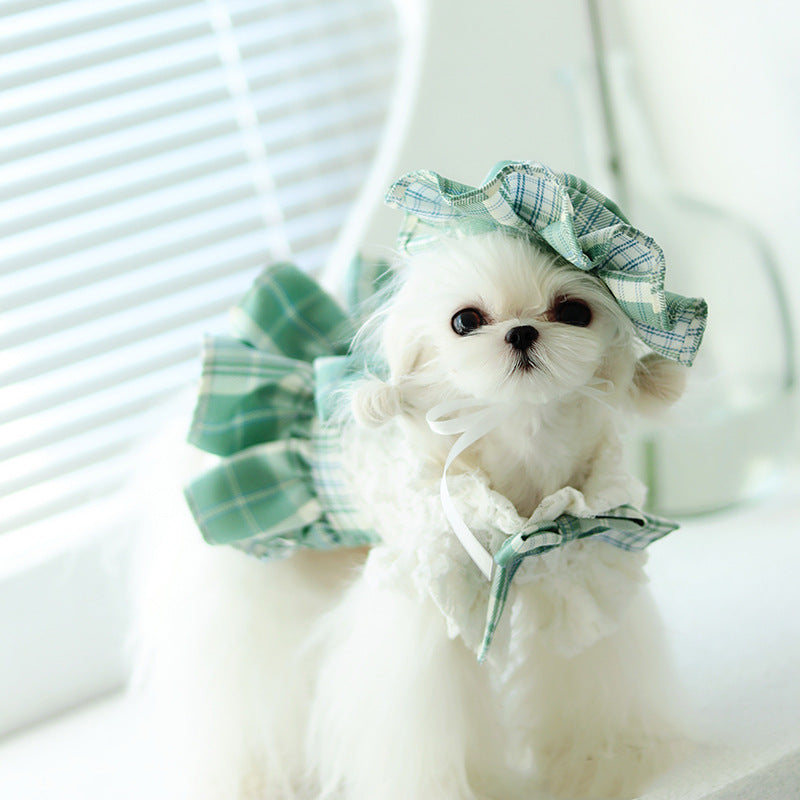 HKM-7932477 Lace Plaid Dress for Dogs and Cats with Big Bow and Pleated Design in Green and Purple