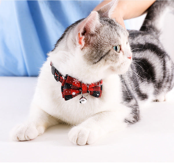 HKM-7932861 Plaid Bow Tie Collar for Small Dogs and Cats - Christmas Design with Quick Release and Bell