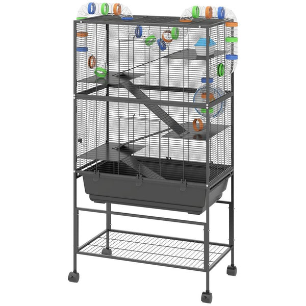 HKM-793299 5-Tier Hamster Cage with Rolling Base, Large Deep Tray, Exercise Wheel, Hut, and Tubes