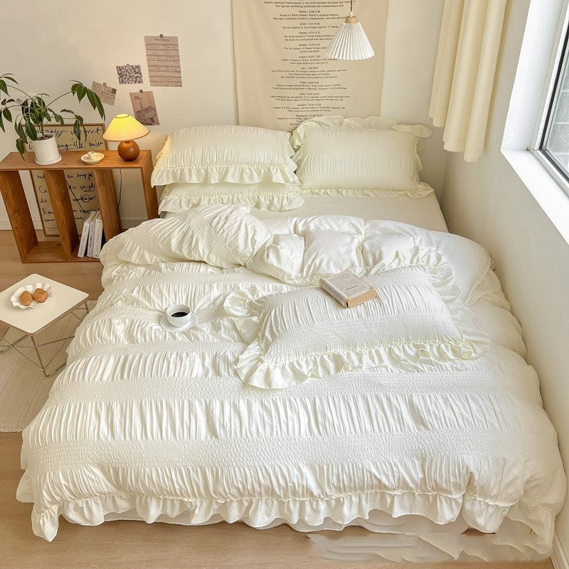 HKM-793299 Lace Pleated Washed Cotton Four-Piece Bedding Set for Various Bed Sizes