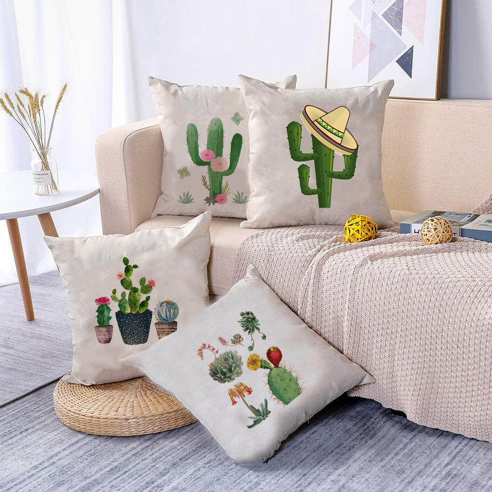 HKM-793363 Soft Cactus Print Linen Cushion Cover 45cm x 45cm for Home Decor and Sofa Use