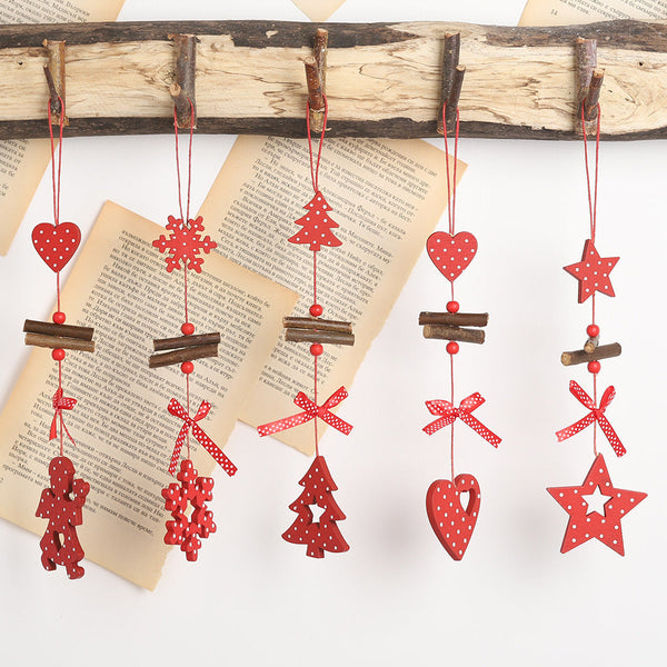 HKM-793427 Creative Red Polka Dot Wooden Christmas Ornaments - Star, Heart, Angel, Tree, Snowflake