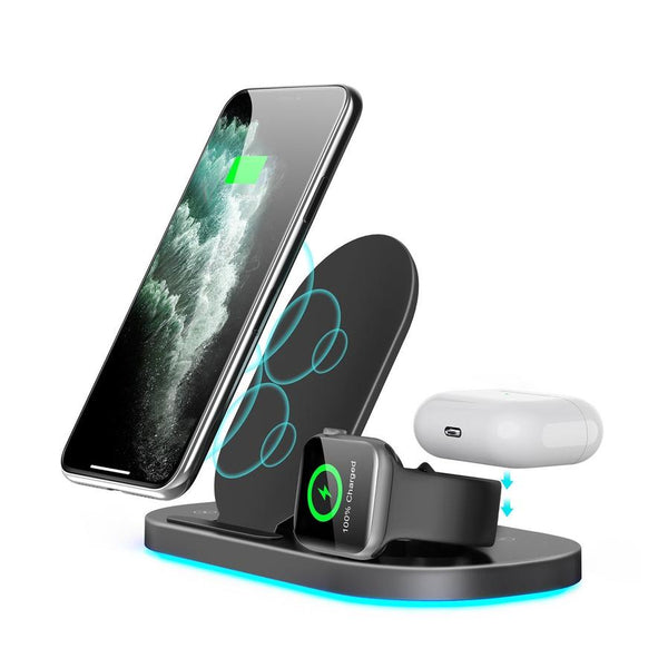 HKM-794003 15W Multifunctional Three-in-One Wireless Charger with Folding Stand for Mobile Phone, Watch, and Headset