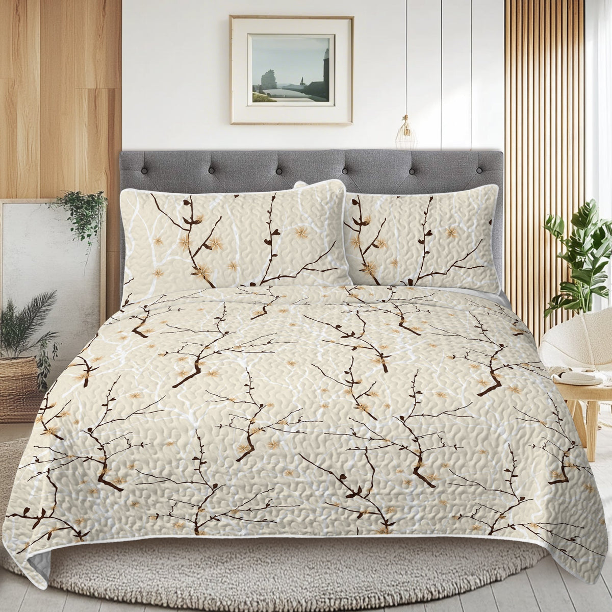 HKM-794131 Minimalist Tree Branch Patterned Quilt Set with 2 Pillow Shams in Multiple Sizes for All Season Use