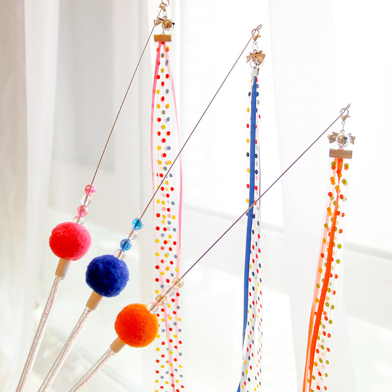 HKM-7941437 Colorful Ribbon Cat Toy Wand with Funny Cat Stick - 37cm & 47cm Lengths