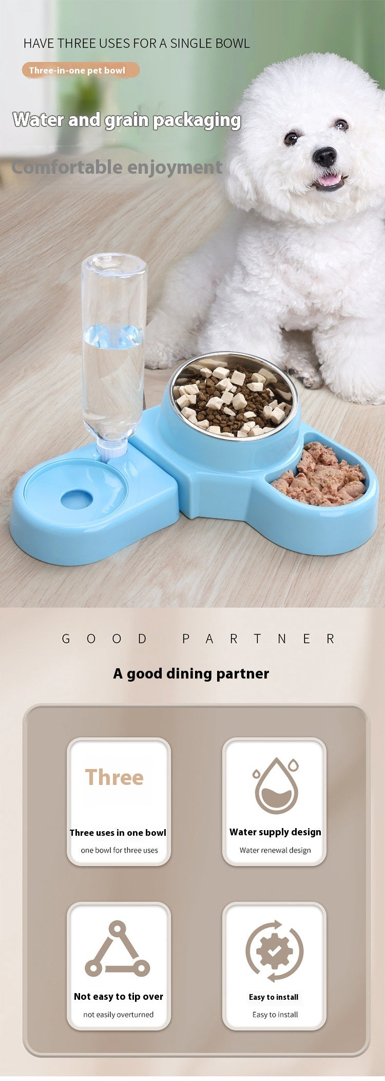 HKM-7942589 Automatic Removable Blue Plastic Cat Bowl with Water Feeder