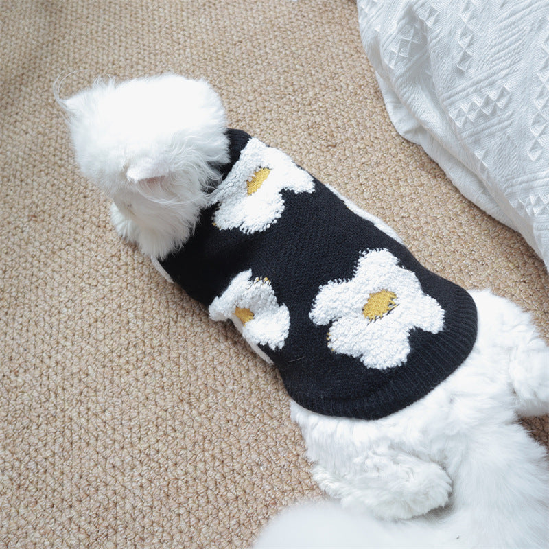 HKM-7944381 Thick Warm Pet Sweater for Autumn and Winter - Flower Design in Rabbit Velvet Core-Spun Yarn