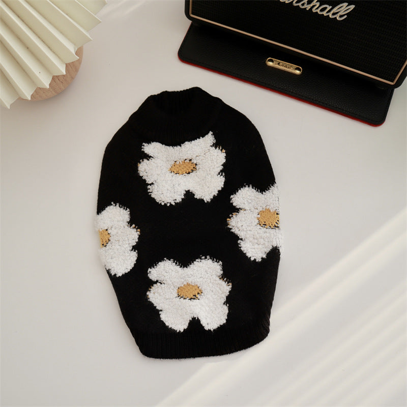 HKM-7944381 Thick Warm Pet Sweater for Autumn and Winter - Flower Design in Rabbit Velvet Core-Spun Yarn