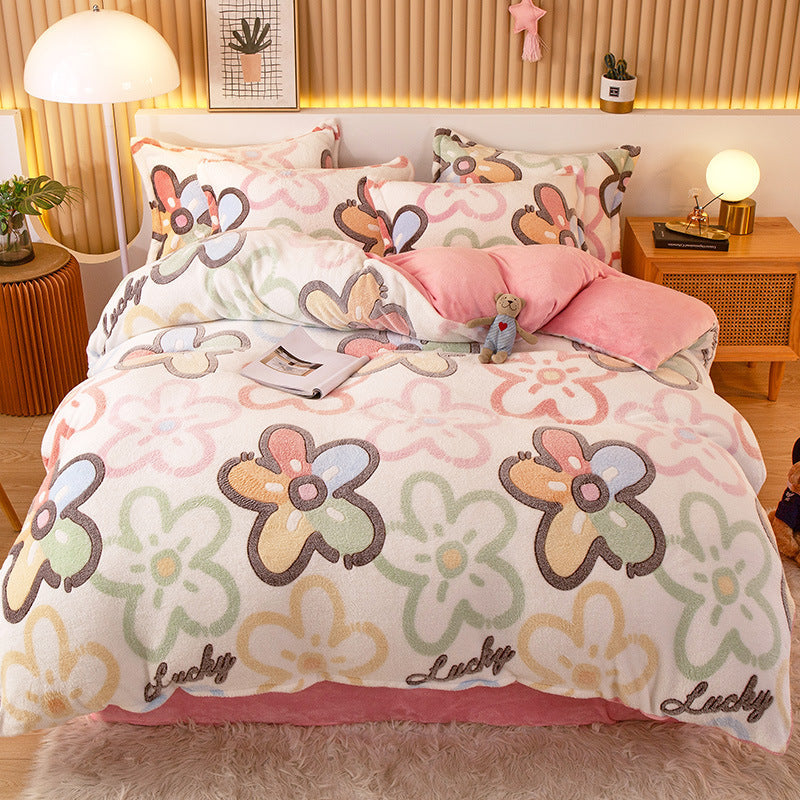 HKM-794451 Coral Fleece Milk Velvet Duvet Cover with Flannel Pillowcase Set - Sleek and Stylish Bedroom Decor