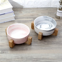 HKM-7946557 Elegant Ceramic Marble Cat Rice Bowl with Ju Wood Frame - Available in Pink and Blue Marbling