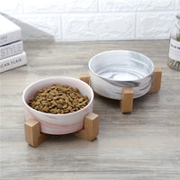 HKM-7946557 Elegant Ceramic Marble Cat Rice Bowl with Ju Wood Frame - Available in Pink and Blue Marbling