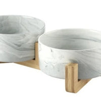 HKM-7946557 Elegant Ceramic Marble Cat Rice Bowl with Ju Wood Frame - Available in Pink and Blue Marbling