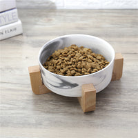 HKM-7946557 Elegant Ceramic Marble Cat Rice Bowl with Ju Wood Frame - Available in Pink and Blue Marbling