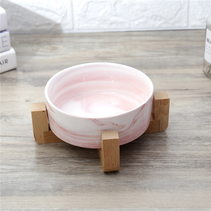 HKM-7946557 Elegant Ceramic Marble Cat Rice Bowl with Ju Wood Frame - Available in Pink and Blue Marbling